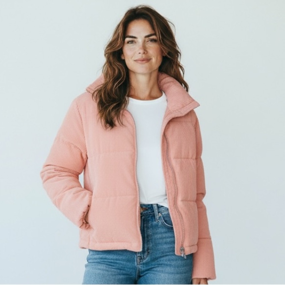 NWT Collection B Juniors Cropped Corduroy Puffer Coat in Peach‎ Soft